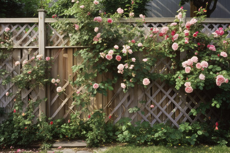 wooden fence with climbing rose trellis and blooms, created with generative aiの素材