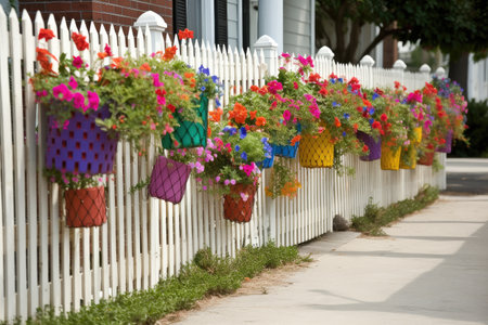 fence decorated with colorful hanging baskets, created with generative aiの素材