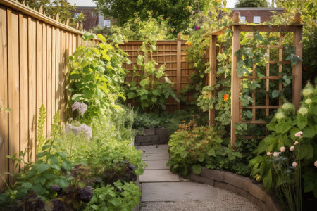 a garden with a tall wooden fence and trellis for climbing vines, created with generative aiの素材