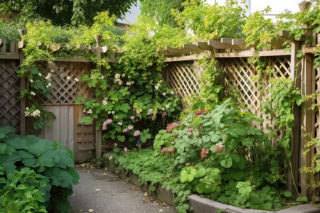 a garden with a tall wooden fence and trellis for climbing vines, created with generative aiの素材