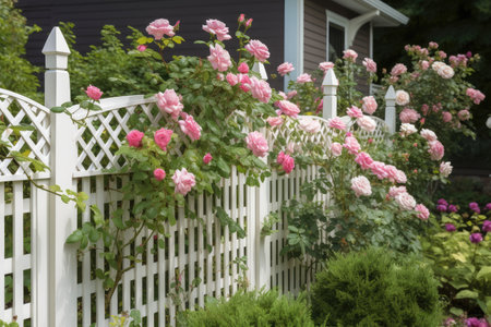 fence with climbing rose trellis, showcasing the beauty of both roses and fencing, created with generative aiの素材