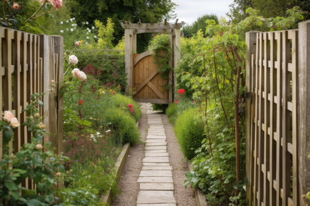 a garden path with a wooden fence and trellis on either side, created with generative aiの素材