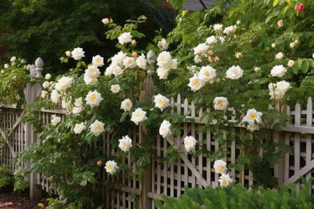 fence with climbing roses and trellis on one side, created with generative aiの素材
