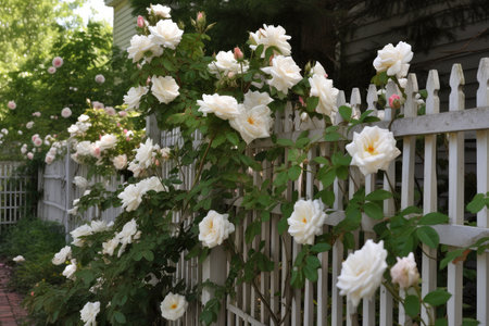 fence with climbing roses and trellis on one side, created with generative aiの素材