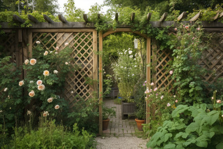 wooden trellis with climbing roses and vines on fence in garden, created with generative aiの素材