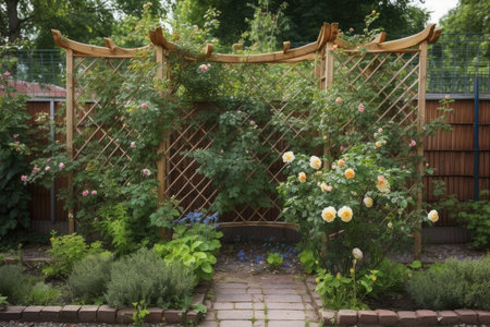 wooden trellis with climbing roses and vines on fence in garden, created with generative aiの素材