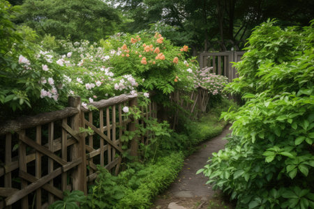 wooden fence with trellis, surrounded by lush greenery and blooming flowers, created with generative aiの素材