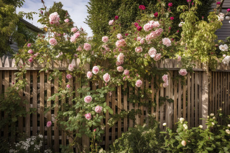 wooden fence with climbing roses and trellis for privacy, created with generative aiの素材