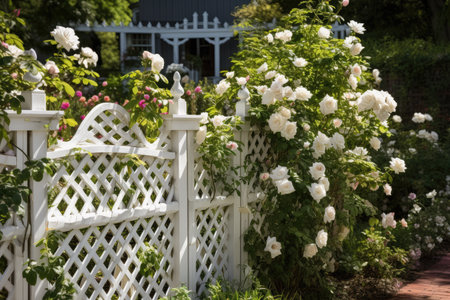 fence with beautiful trellis and rose garden in the background, created with generative aiの素材