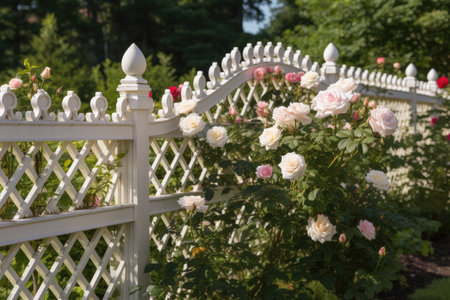 fence with beautiful trellis and rose garden in the background, created with generative aiの素材