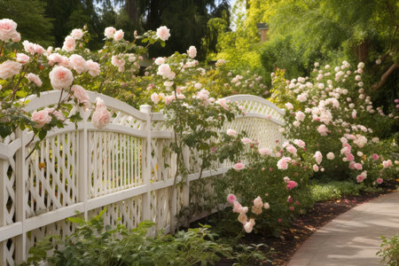 fence with beautiful trellis and rose garden in the background, created with generative aiの素材