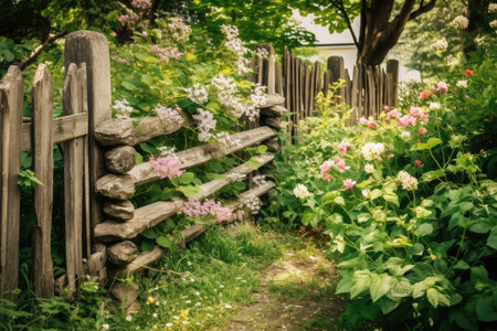 rustic wooden fence surrounded by lush greenery and blooming flowers, created with generative aiの素材