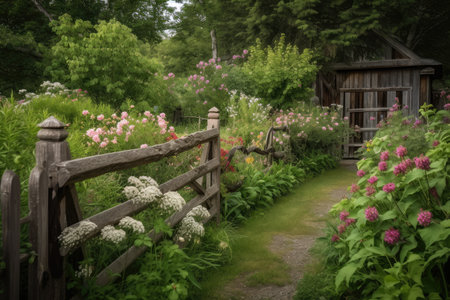 rustic wooden fence surrounded by lush greenery and blooming flowers, created with generative aiの素材