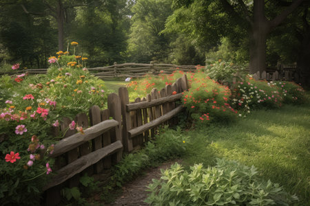 rustic wooden fence surrounded by lush greenery and blooming flowers, created with generative aiの素材