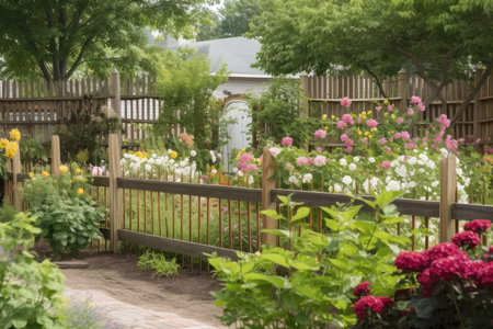 a garden filled with blooming flowers and surrounded by a trellis fence, created with generative aiの素材