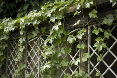 close-up of a trellis with lush climbing vines, created with generative aiの素材