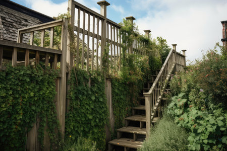 a towering fence with a dramatic trellis climbing to the top, created with generative aiの素材