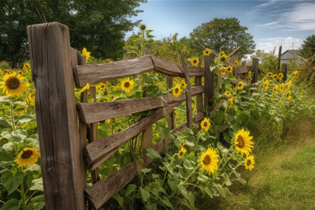 rustic fence surrounded by tall sunflowers, created with generative aiの素材