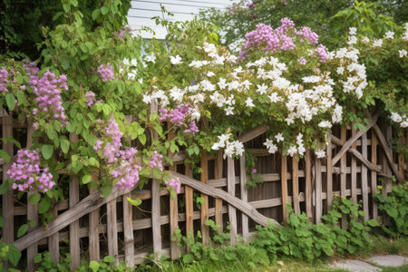 wooden fence with climbing vines and blooming flowers, created with generative aiの素材
