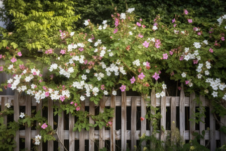wooden fence with climbing vines and blooming flowers, created with generative aiの素材