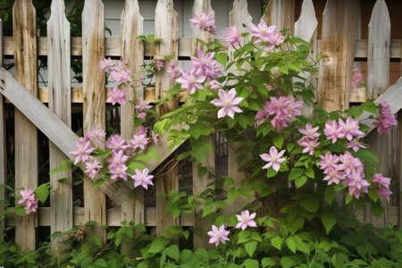 wooden fence with climbing vines and blooming flowers, created with generative aiの素材