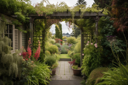 lush garden with trellised vines, flowering blooms and ferns, created with generative aiの素材