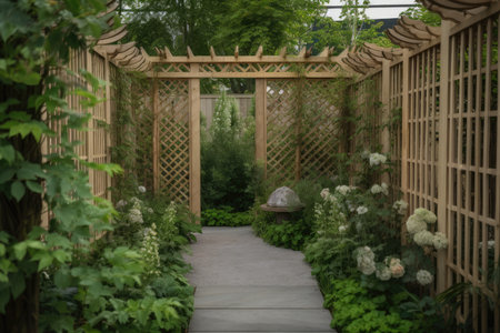 a quiet garden, with a wooden trellis and tall fence creating a private sanctuary, created with generative aiの素材