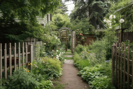 a garden with a fence and trellis, surrounded by lush greenery, created with generative aiの素材