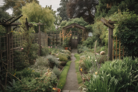 a garden with a fence and trellis, surrounded by lush greenery, created with generative aiの素材