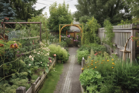 a garden with a fence and trellis, surrounded by lush greenery, created with generative aiの素材