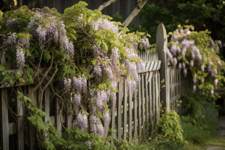fence intertwined with wisteria vines and blooms, created with generative aiの素材