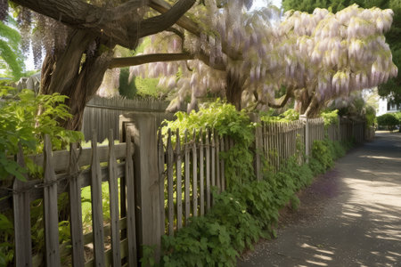 fence intertwined with wisteria vines and blooms, created with generative aiの素材