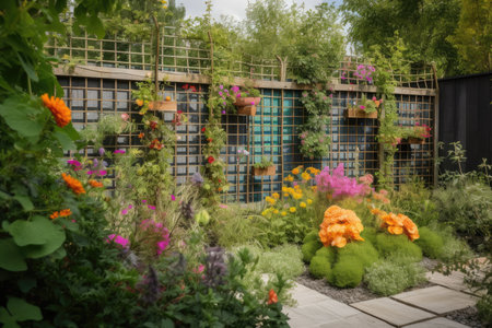 fenced garden with trellises and climbing plants, bringing color and life to the space, created with generative aiの素材