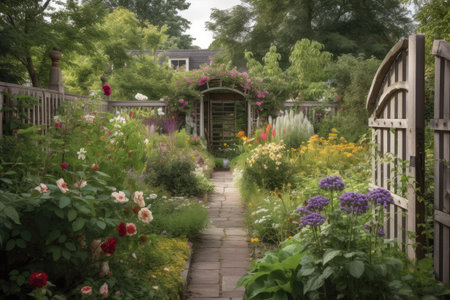 vibrant garden with trellises and fences, showcasing a variety of blooms and foliage, created with generative aiの素材