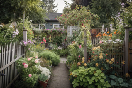 vibrant garden with trellises and fences, showcasing a variety of blooms and foliage, created with generative aiの素材