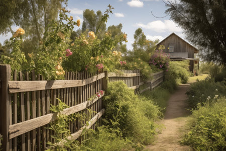country scene with wooden fence and flowering vines, created with generative aiの素材