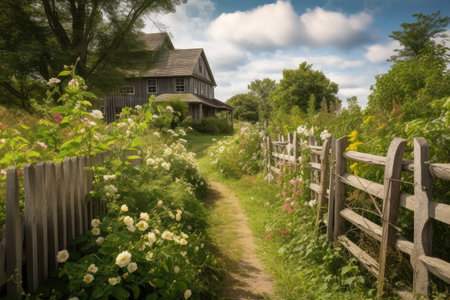 country scene with wooden fence and flowering vines, created with generative aiの素材