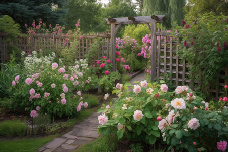 rustic garden with trellises and peonies in bloom, created with generative aiの素材