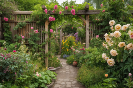 rustic garden with trellises and peonies in bloom, created with generative aiの素材