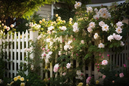 fence with trellis, climbing roses and blooming flowers in full bloom, created with generative aiの素材