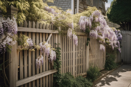 wooden fence with blooming wisteria vines and trellis on the side, created with generative aiの素材
