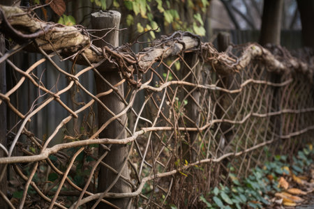 fence made of interlaced twigs and vines, created with generative aiの素材