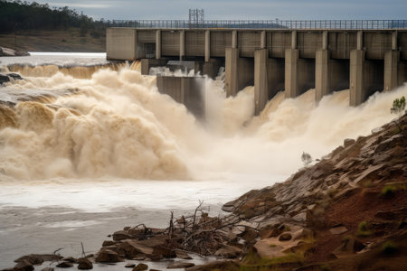 flash flood rushing over dam, with water spilling out of the reservoir, created with generative aiの素材
