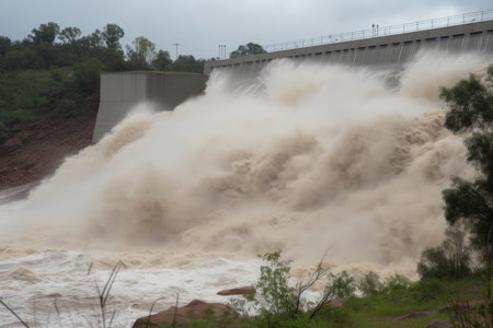 flash flood rushing over dam, with water spilling out of the reservoir, created with generative aiの素材