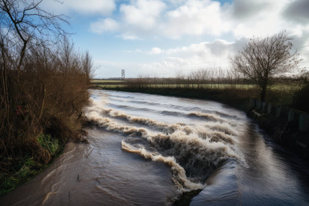 water rushing over the edge of the embankment, flooding fields and roads, created with generative aiの素材