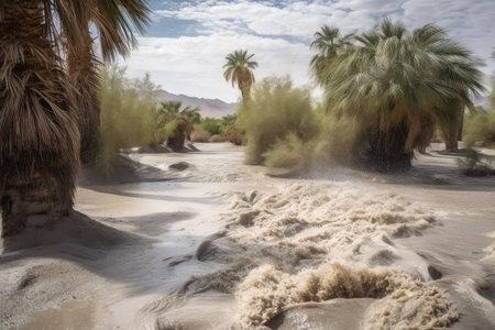 flash flood in the desert, with sand dunes and palm trees visible, created with generative aiの素材