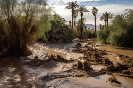 flash flood in the desert, with sand dunes and palm trees visible, created with generative aiの素材