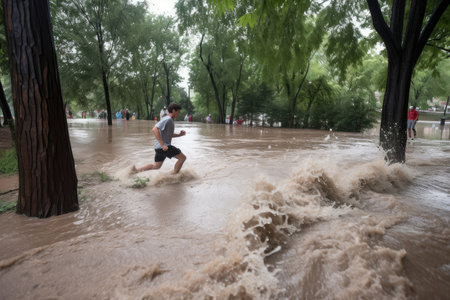 person, running for their life, from flash flood in city park, created with generative aiの素材