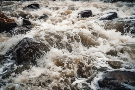 close-up of the rushing water in a stormy river, created with generative aiの素材
