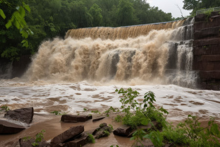 flash flood sends torrent of water rushing through broken dam, washing away everything in its path, created with generative aiの素材